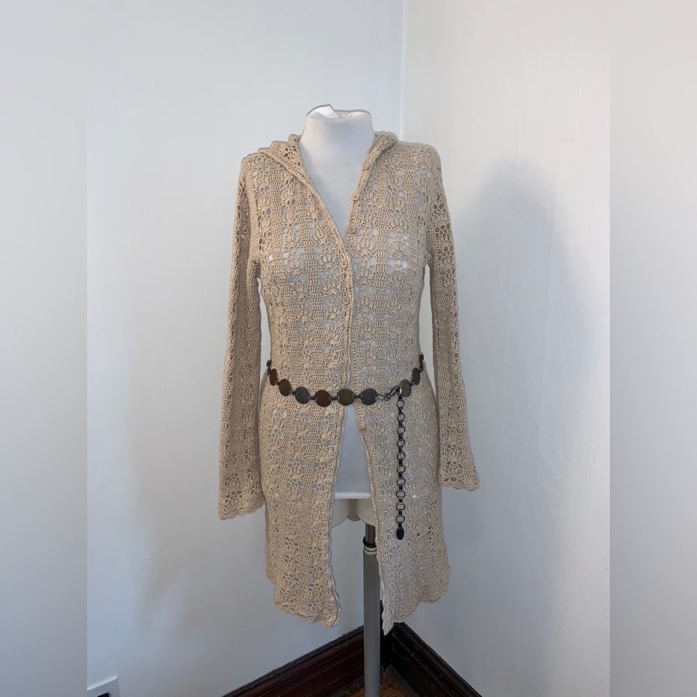 VTG y2k boho crochet hooded cardigan Limited Too Long Duster Belt Lace 2000s